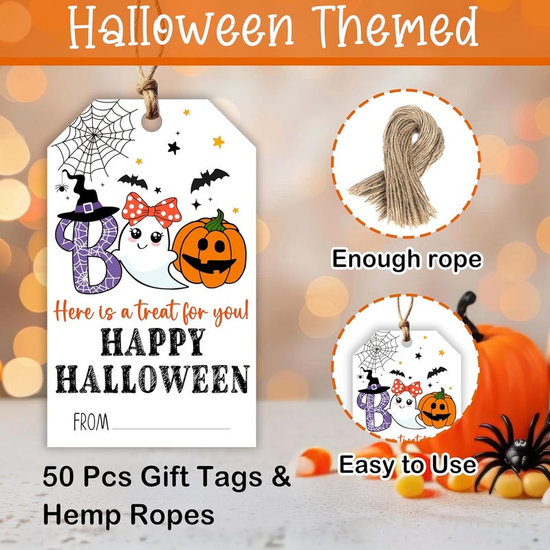 HandEasy 50 Pcs Halloween Tags with String, 2.1"×3.5" Boo Paper Gifts Tags, Ghost Trick or Treat for Candy, Pumpkin Happy Halloween Gifts Tag Wrap for Party Favor - B01 - Image 2